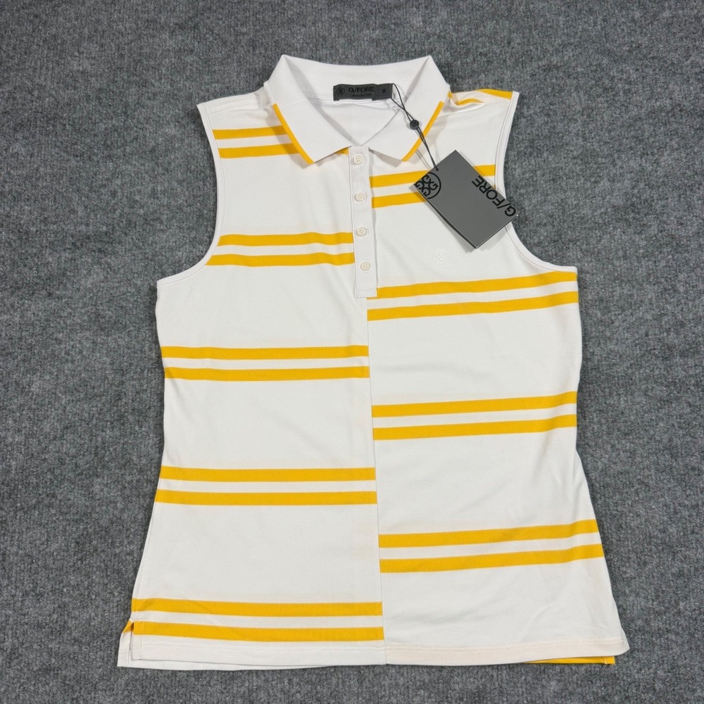 G/FORE Wmn G4LS23K680 Sleeveless Polo S White Yellow Performance Golf Sporty NWT